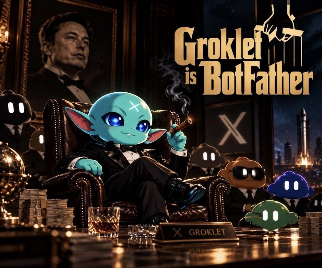 Groklet as the BotFather: the teal alien in a tuxedo with a cigar, in a leather chair, flanked by Grok-eye henchmen in suits