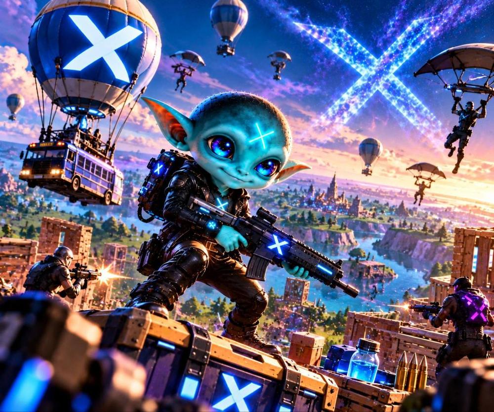 Groklet in tactical gear with an X-branded rifle in a battle royale scene, with an X battle bus balloon and paratroopers