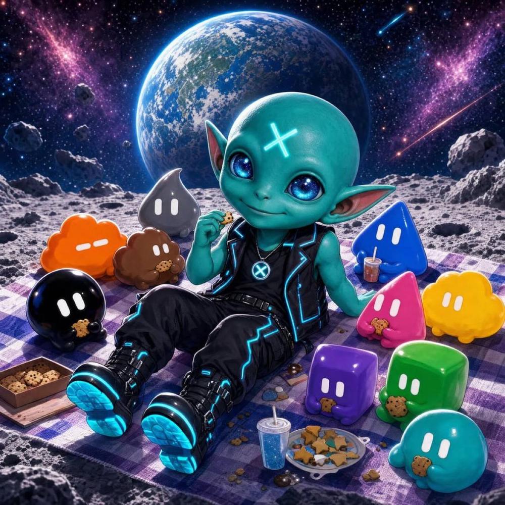 Groklet having a cookie picnic on the moon with colorful Grok-eye blob friends, Earth in the background