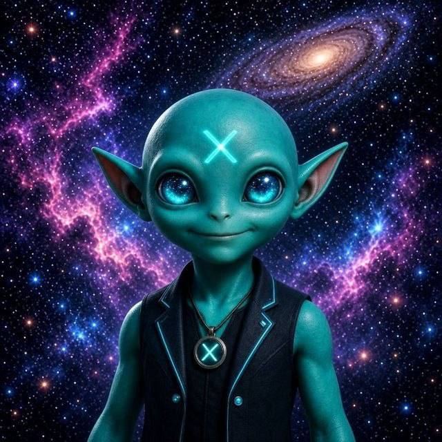 Portrait of Groklet with a glowing X on the forehead and an X pendant, against a purple galaxy nebula